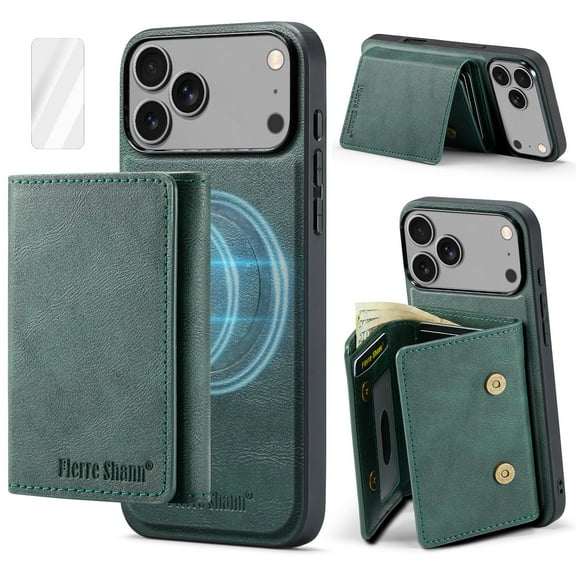 Dteck Magnetic Wallet Case for iPhone 17 Pro Max with Screen Protector, Mag Safe-Compatible Detachable PU Leather Case with RFID Blocking Card Holder Shockproof Kickstand Cover, Green