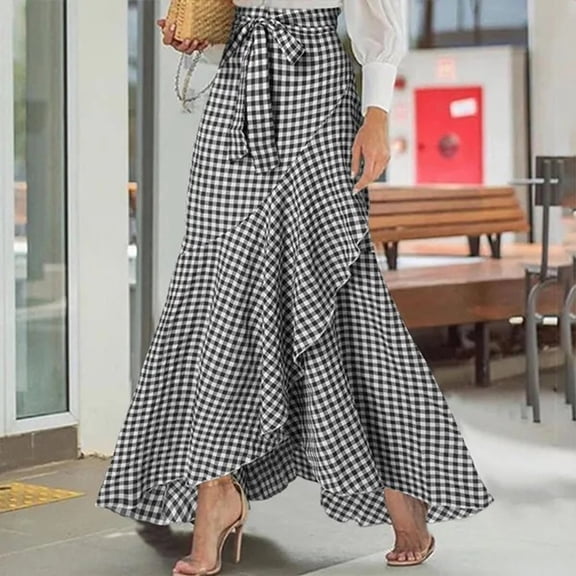Womens Skirts High Waisted Casual Plaid Maxi Line Irregular Ruffle Hem Fishtail Long Black Skirt L