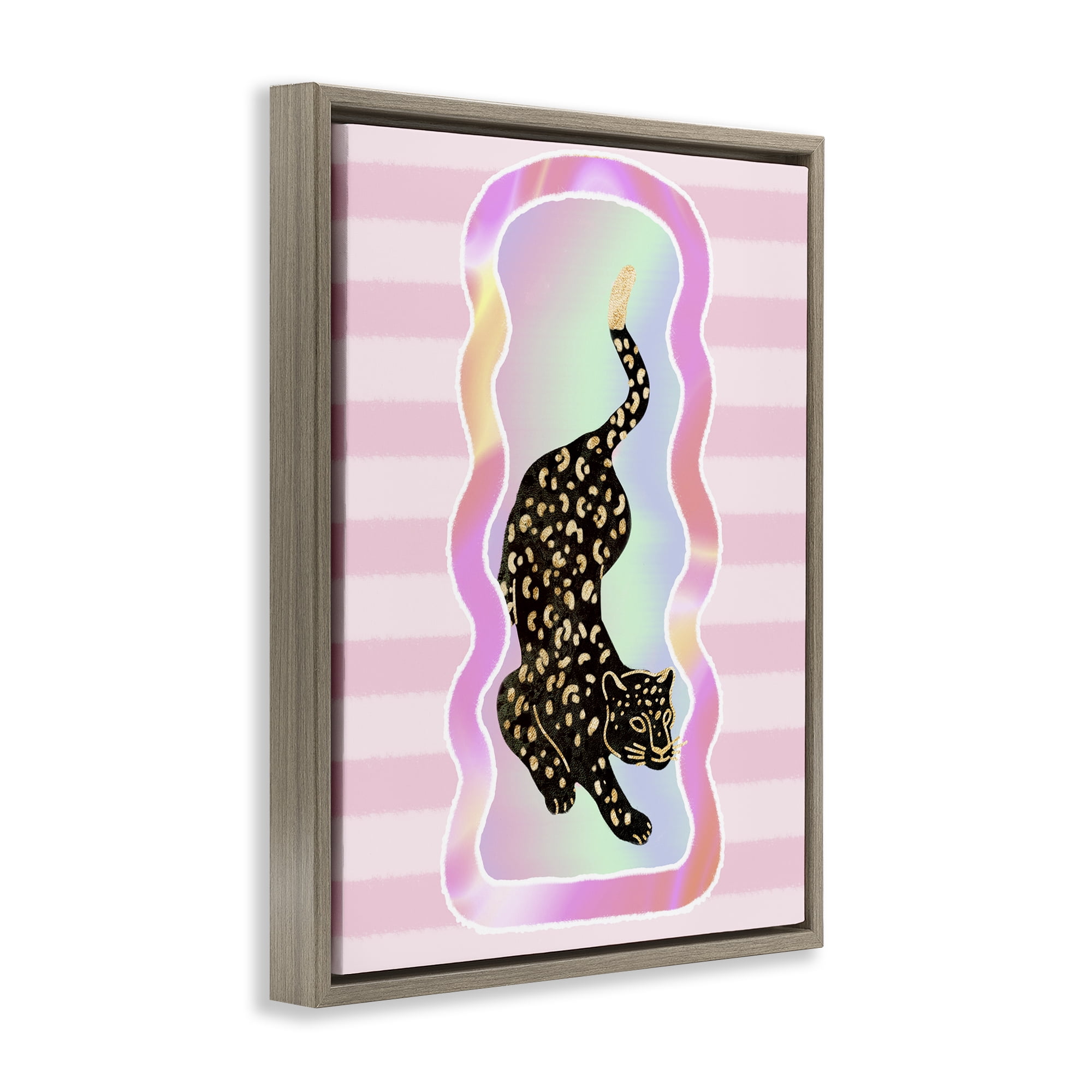 Stupell Industries Leopard & Pink Stripes Animals & Insects Painting Brown Floater Framed Canvas Art Print Wall Art, 17 x 21