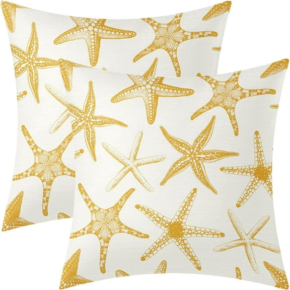 Yellow Starfish Pillow Covers 18X18 Inch Set of 2 Beach Ocean Coastal Decorative Square Pillow Cases Summer Nautical Cotton Linen Cushion Case Home Decor for Sofa Couch Bedroom Outdoor