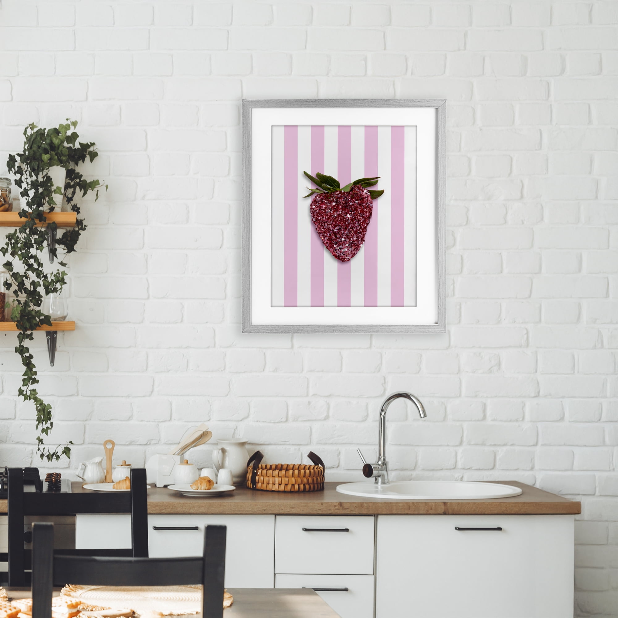 Stupell Industries Glimmer Strawberry on Green Stripes Gray Framed Print Under Glass, design by LISH Creative