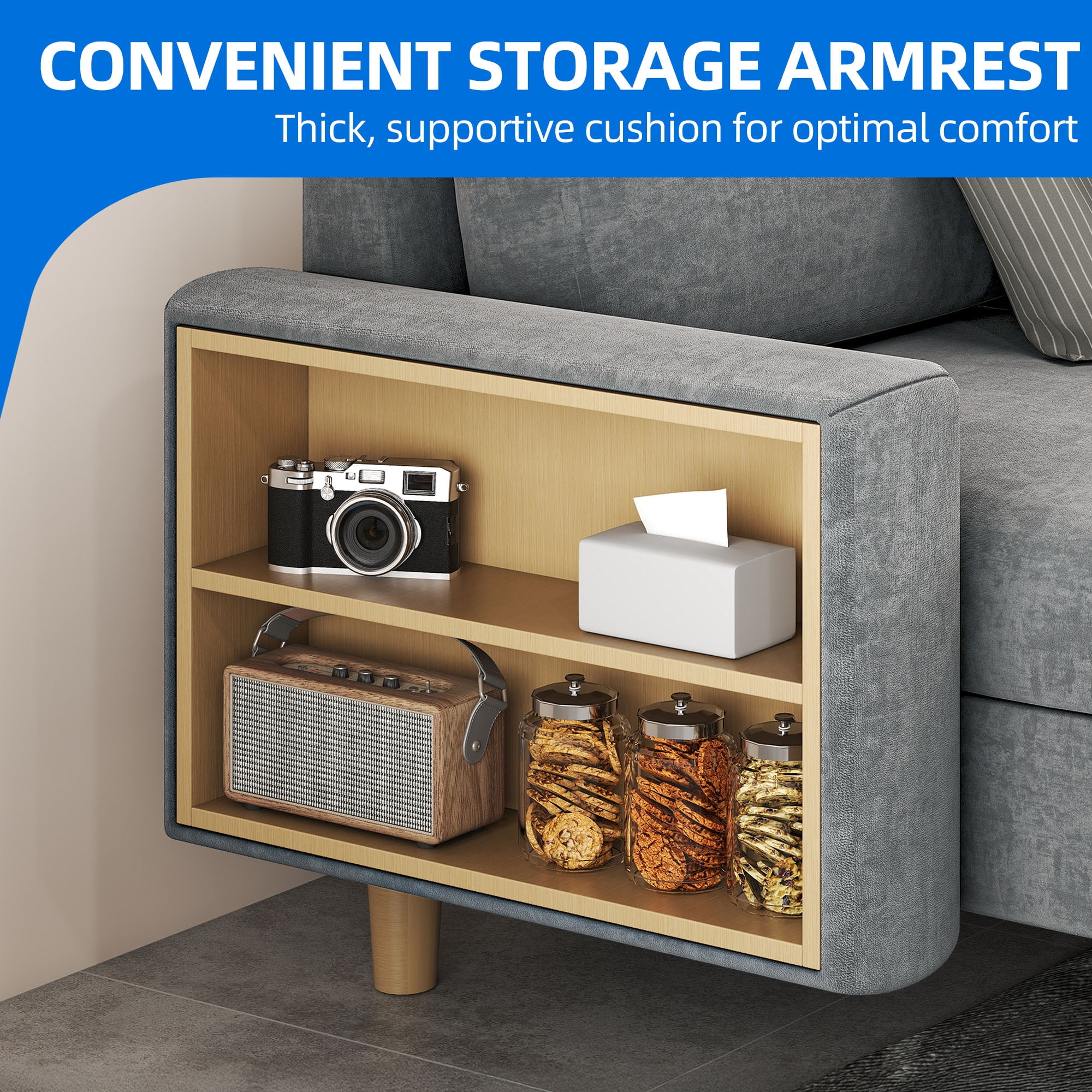 Uforic 109'' U-Shaped Sectional Sofa with Double Chaise, Storage, Cup Holder, 4 Cushions, Light Gray