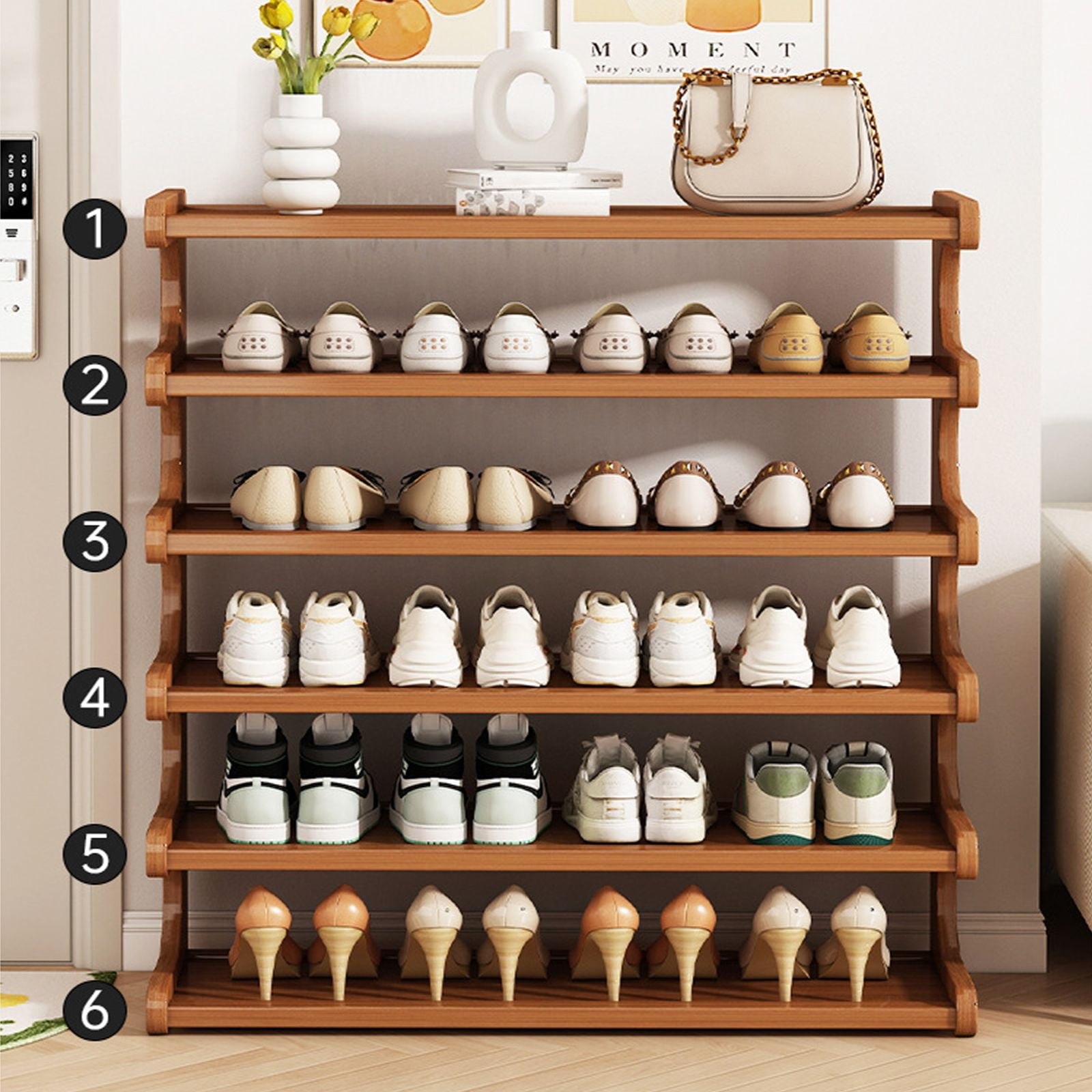 6 Layer Wood Grain Free Standing Shoe Rack Space Saving Storage Organizer