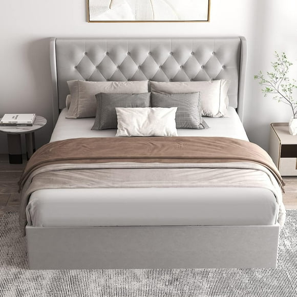 Aykah Grey King Size Bed With Storage, Metal Bed Frame with High Headboard