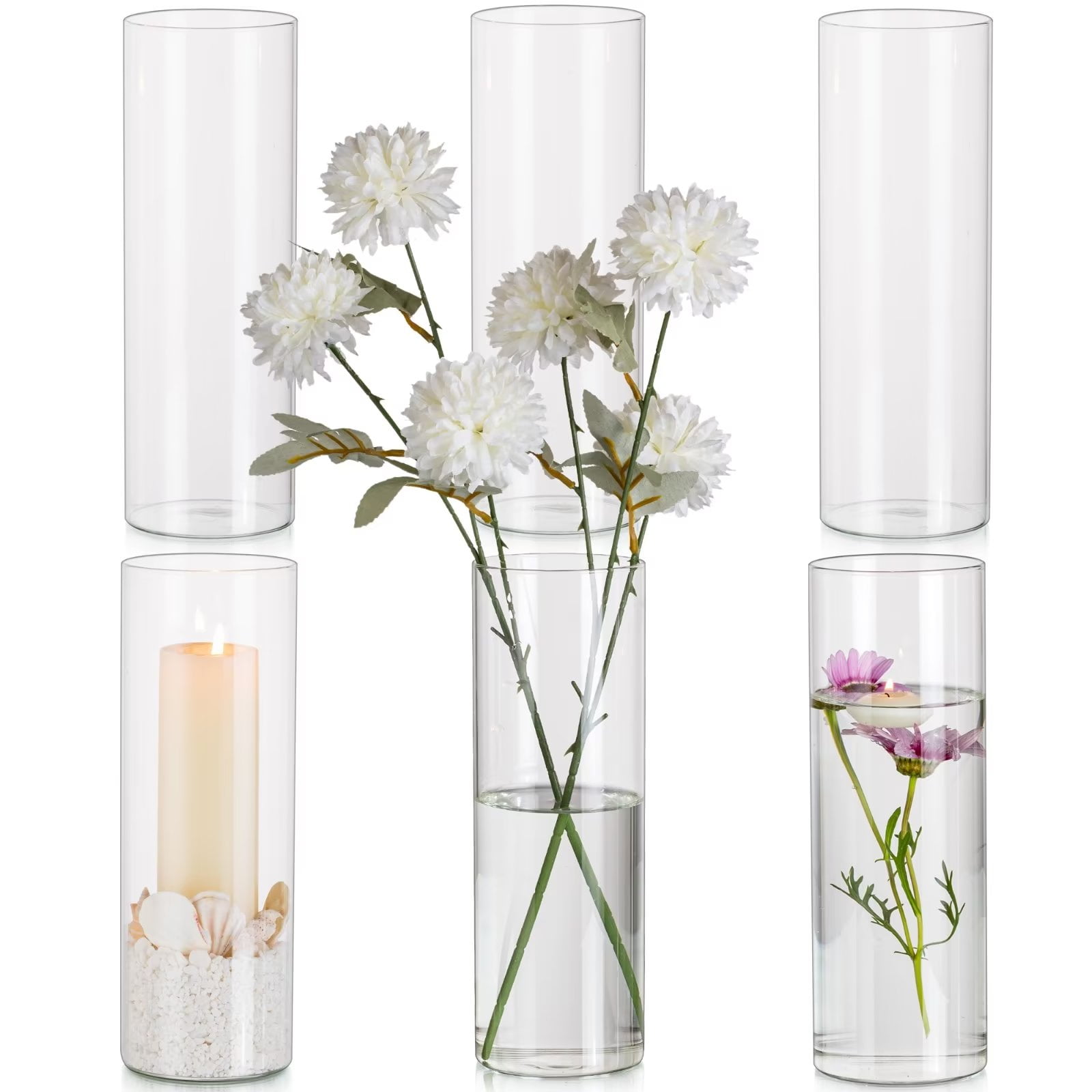 Glasseam 3.3x10 Inch Glass Cylinder Vases Set of 6 Clear Floating