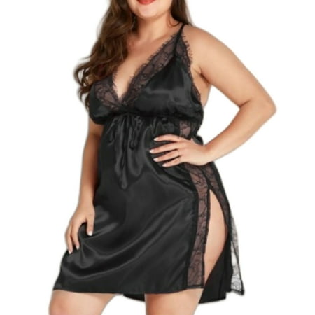 Tao Tao Women Plus Size Fashion Lingerie Babydoll Nightgown Chemise V neck Side Slit Sleepwear Black 5XL