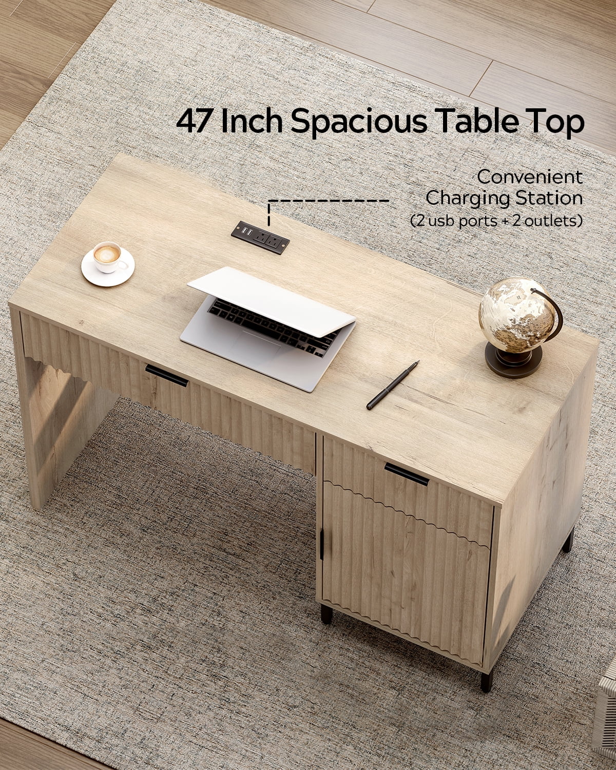 Joyyskill Executive Desk with Fluted Drawers, 47" Wood Home Office Desk with Charging Station, Metal Legs Modern Farmhouse Computer Desk Light Oak