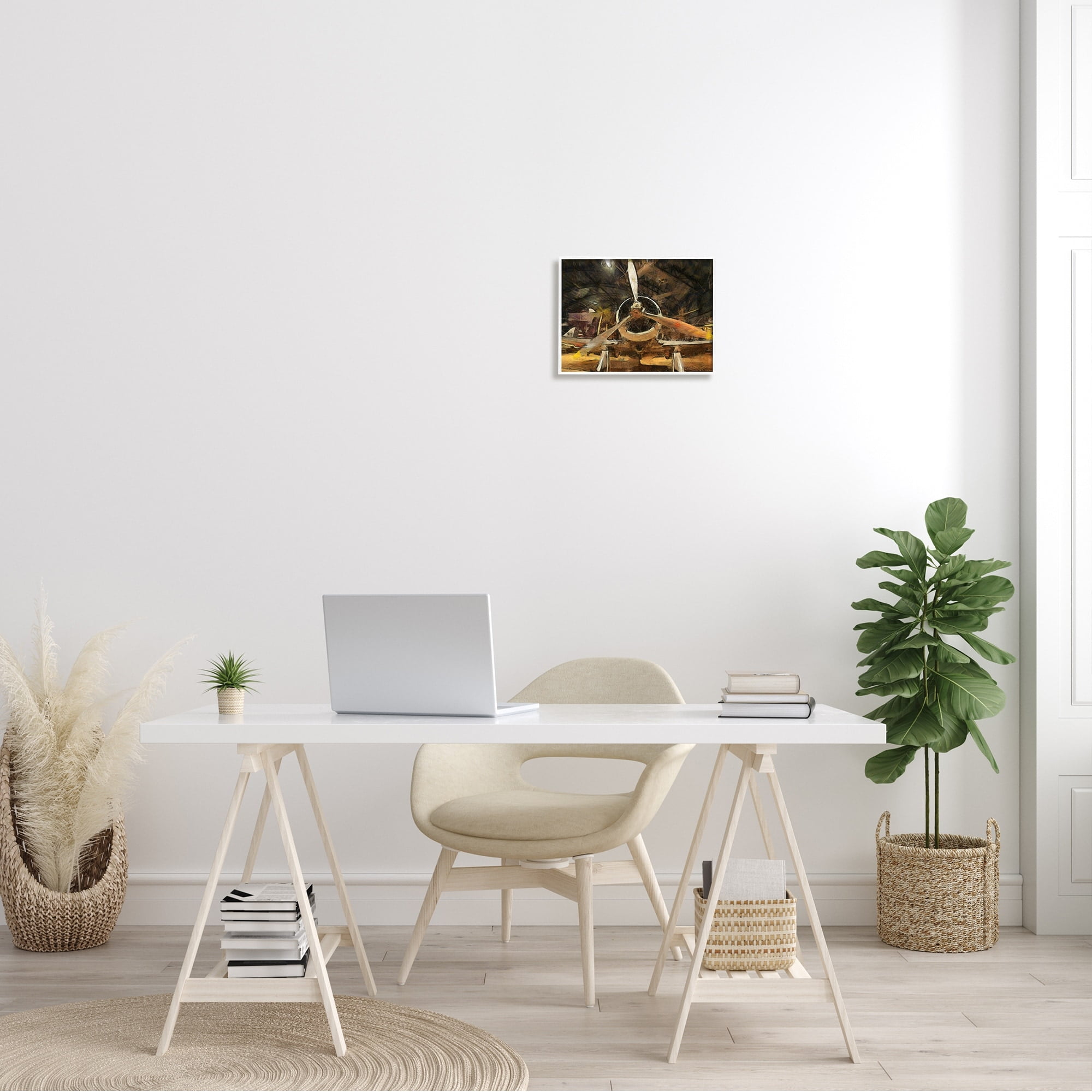Stupell Industries Abstract Jet Plane Propeller Aircraft Hanger Scene Paintings White Framed Art Print Wall Art, 14x11, by Daniel Sproul