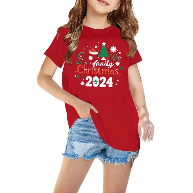 Fiudx Blusa con Estampado Navideño, Camisa de Mezcla de Poliéster Suave, Blusa con Mangas Abullonadas, Moda de Verano para Niñas, Ropa Informal, Regalo para Fiestas, de 3 a 14 Años, Material Transpir