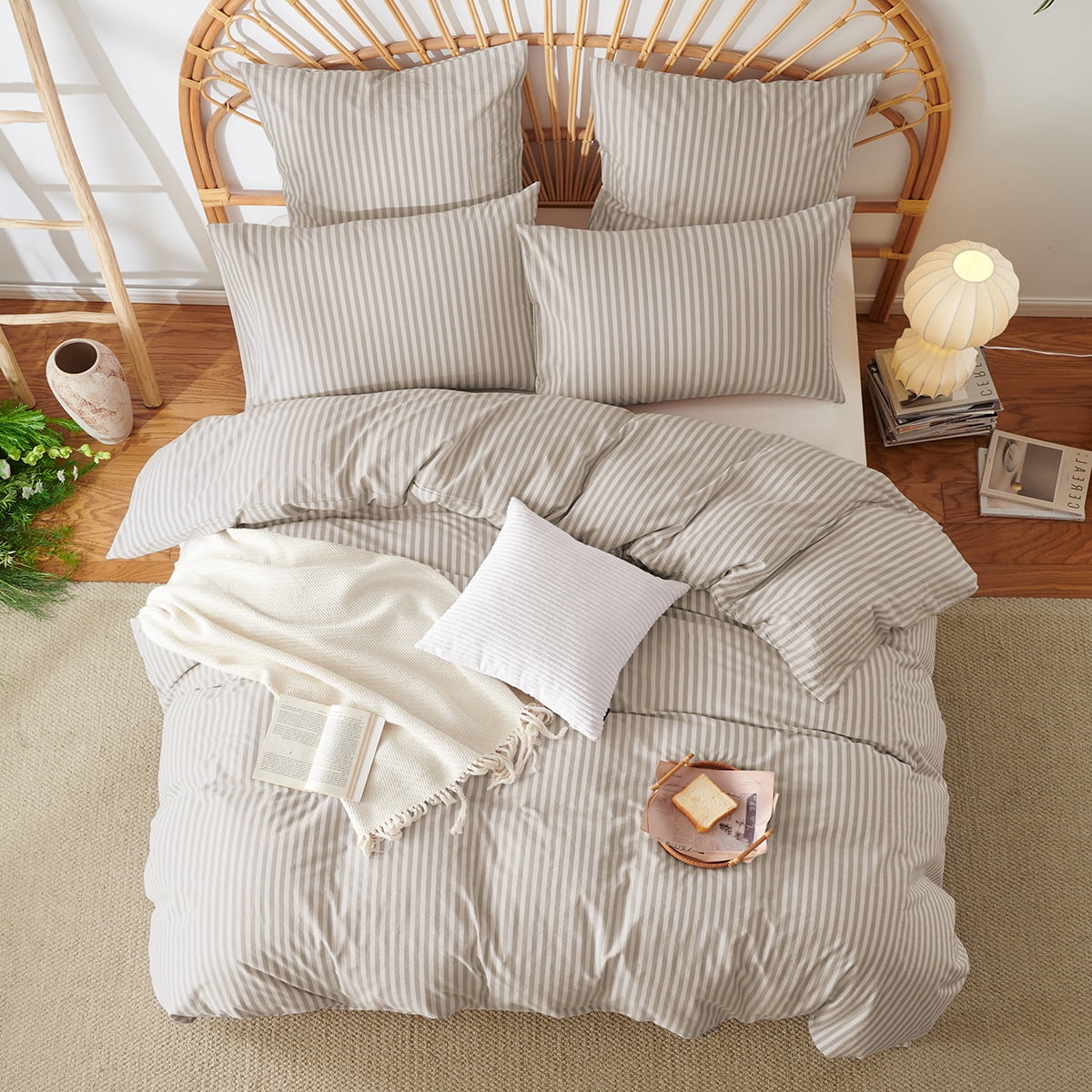 JOLUSERE 100% Organic Cotton Striped Duvet Cover Twin Set, 2-Piece Linen Like Textured Breathable Bedding Cover（Beige& White Classic Stripes）