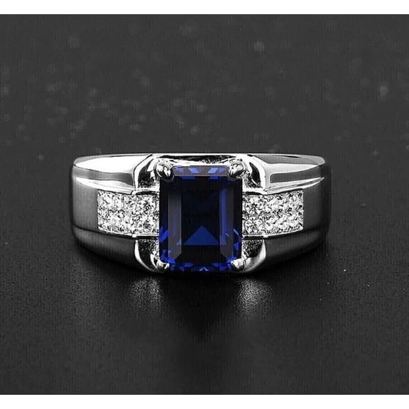 BeadBeauty Men's 925 Sterling Silver Ring, Emerald-Cut Blue Sapphire CZ -10