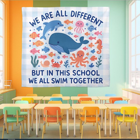 ViciArt We All Swim Together Classroom Banner – 30"x40" Polyester Ocean Theme Tapestry, Diversity Poster, Teacher Wall Decor
