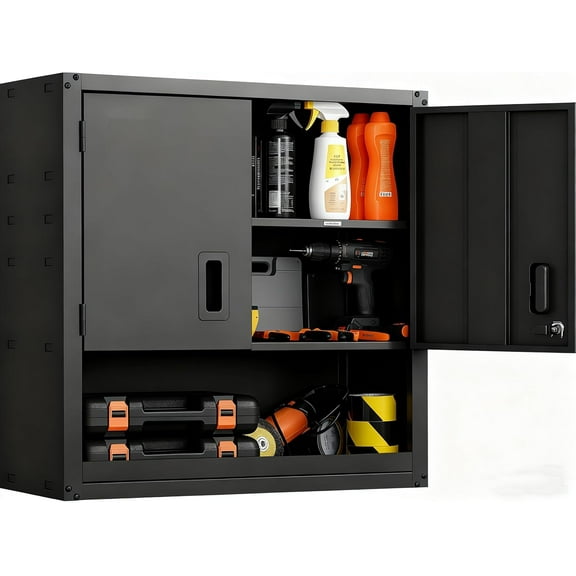 Wall Cabinet with Adjustable Shelf, Heavy Duty Steel Garage Locker with Lockable Magnetic Doors, Wall Mounted Tool Cabinet for Warehouse Home Office Kitchen, Easy Assembly, Black