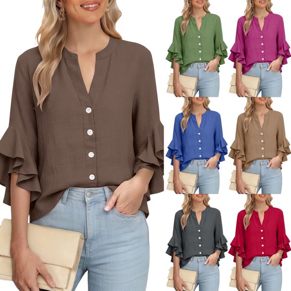 Only Moment Button Down Shirts for Women Long Sleeve V Neck Ruffle Sleeves Cotton and Linen/Wash Water Wrinkled Cloth Dressy Casual Trendy Tee Spring Fall Summer Fashion Work Clothes Purple,S