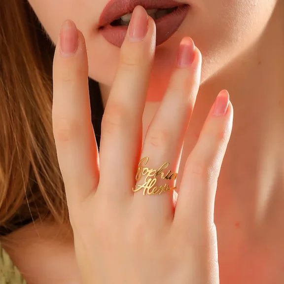 Customized Double Name 14K Yellow Gold Ring, Adjustable Handmade 2 Name Rings, Personalized Valentine's Day Couple Name Anniversary Gift