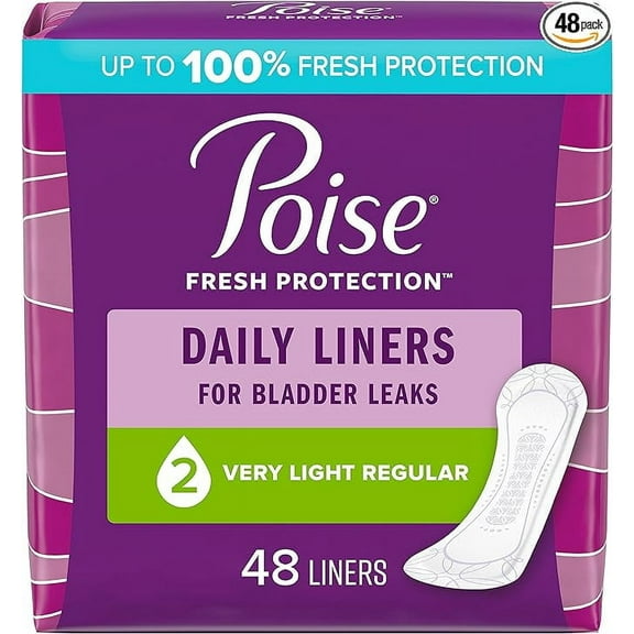 Poise Daily Incontinence Panty Liners, 2 Drop Very Light Absorbency, Regular, 48 Count of Pantiliners, Packaging May Vary