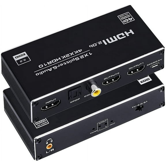 HDMI Splitter Audio Extractor,AUBEAMTO 1 in 2 Out HDMI Splitter with 3.5mm Audio Jack   Coaxial   Optical Toslink SPDIF for Dual Monitors Duplicate/Mirror Only, Support HDMI 2.0 1080P/ 3D/ 4K