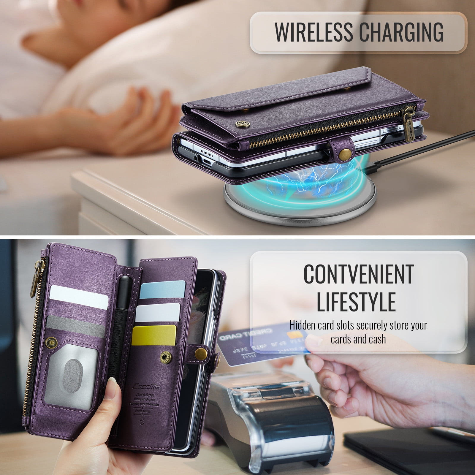 Dteck for Samsung Galaxy Z Fold 3 Case with RFID Blocking Wallet Case for Women Men, Shockproof PU Leather Magnetic Flip Strap Zipper Card Holder Phone Case,Purple
