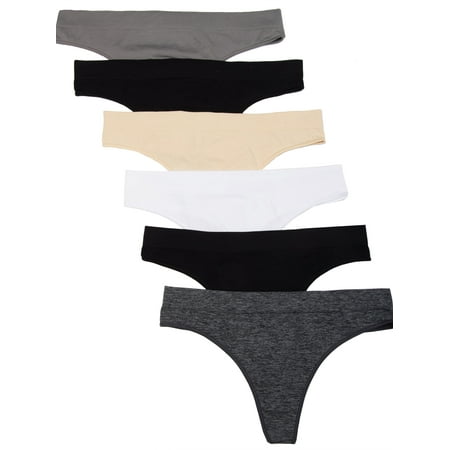 6 Pack Kalon Women's Seamless Nylon Spandex Thong Panties (Small,