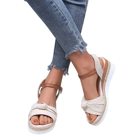 

AXXD Beige Wedge Sandals for Women 7.5 Summer Sandals Open Toe Sandals Casual Low Slip On Sandals Comfortable Outdoor Shoes