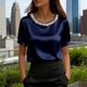 thumbnail image 1 of TaTaai Women's Office Casual Top Short Sleeve Round Neck Pearl Accent Solid Color Summer Blouse Professional Loose Fit Shirt Gift, 1 of 5