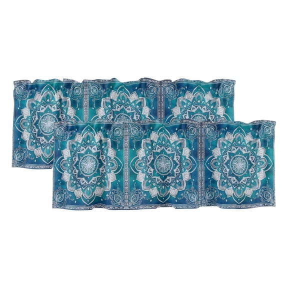 Turquoise Boho Curtain Valances for Windows, Kitchen Valance Window Treatments Panel 2 Pack, Ethnic Country Abstract Floral Aesthetic Rod Pocket Short Curtains for Bathroom Bedroom 54 x 18 Inch