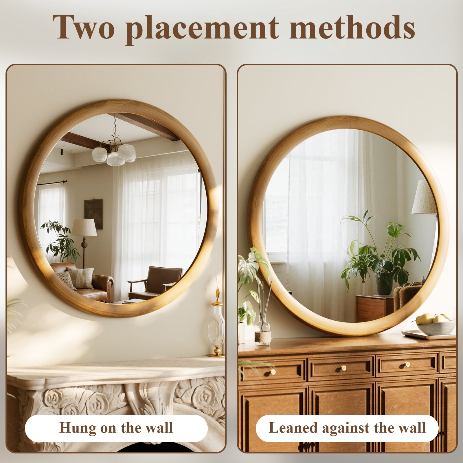 Easy4Home 24" x 24" Round Bathroom Mirror Wall Decor with Wooden Frame, Natural Wood
