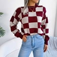 thumbnail image 6 of XMMSWDLA Women'S Color Block Checkered Crew Neck Long Sleeve Plaid Knitted Pullover Sweater Tops Vintage Preppy Style Knitwear Wine Knit Sweater for Women, 6 of 8