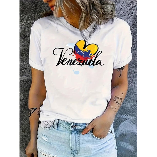 Women's Patriotic Flag Print T-Shirt - Casual Crew Neck, Short Sleeve, Stretchy Polyester Blend, Machine Washable - Perfect for Summer & Independence Day