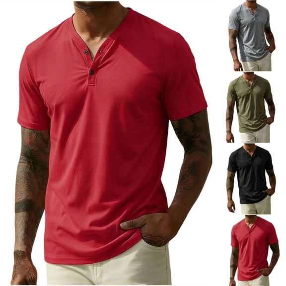 FRSASU Men's Short Sleeve Knit Classic Polo Shirts V-Neck Button Up Solid Lightweight Casual Collarless Golf Shirt Red