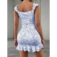 thumbnail image 5 of Women'S Floral Print Off Shoulder Milkmaid Dress Ruched Ruffle Hem Bodycon Mini Dress Blue XL, 5 of 7