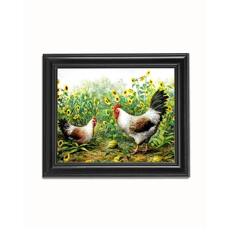 Rooster Framed Art - Rooster Chickens in Sunflowers #1 Black Framed 8x10 Art Print
