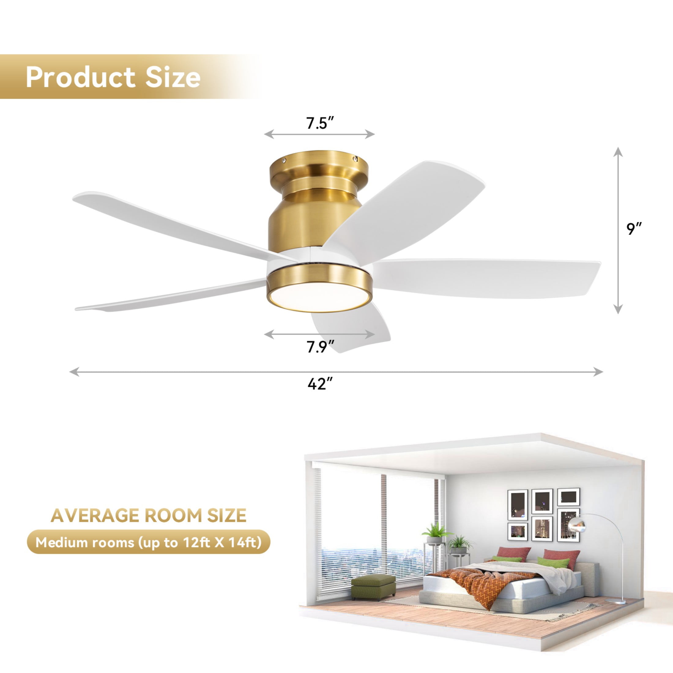 Sofucor 42 Inch Gold Ceiling Fan with Lights and Remote