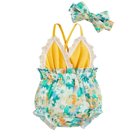 

Calsunbaby Newborn Baby Girls Casual Romper Floral Printed Sleeveless Backless Lace Ruffled BodysuitHeadband Yellow 9-12 Months
