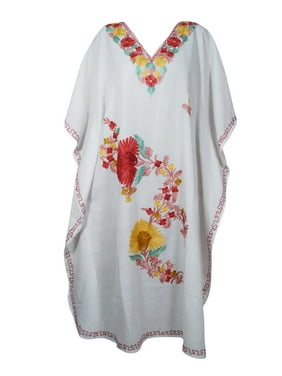 Mogul Women Kaftan Tunic Dress White Summer Boho Loose Kaftan Floral Embroidered Caftan Dresses 3XL