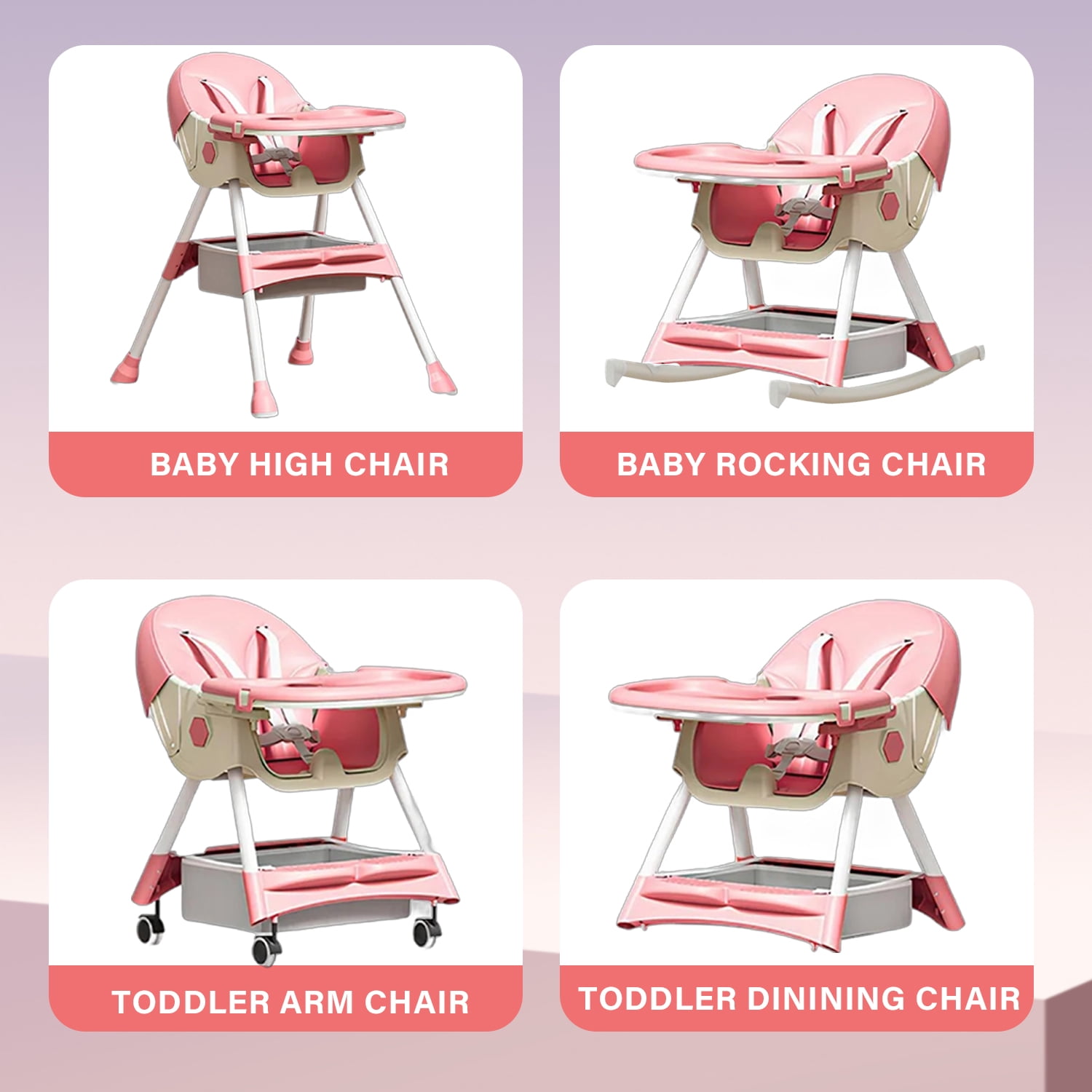 KFeng 4-in-1 Foldable Baby High Chair,Combines Play and Dining, Adjustable Dual-layer Tray and Backrest, Pink