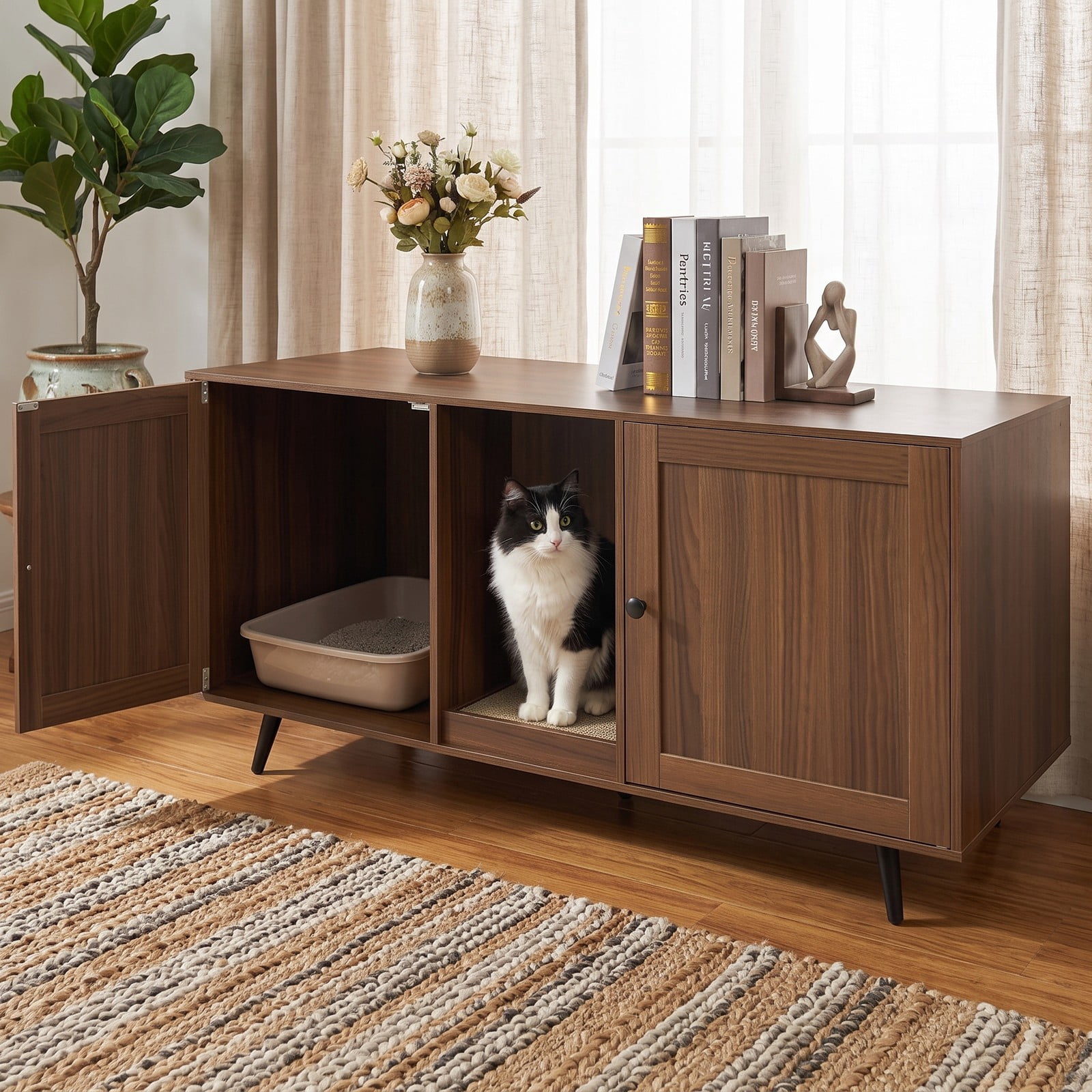 ALPULON Double Cat Litter Box Enclosure for 2 Cats, Wooden Hidden Cat Washroom Furniture with Scratching Pad and Double Rooms, Enclosed Kitty House Side Table, Walnut