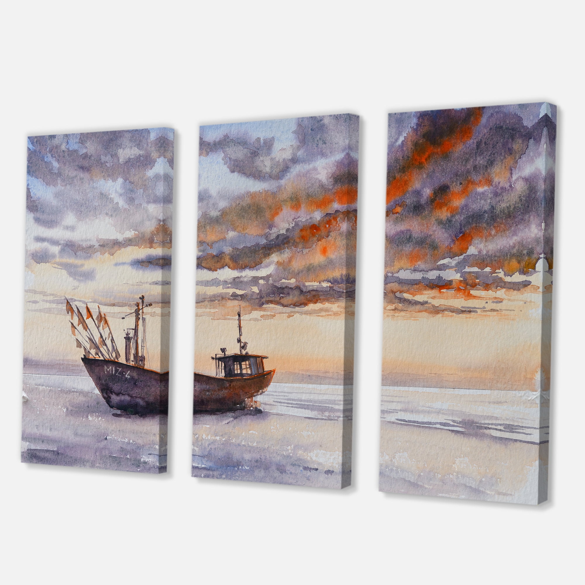 Designart ' Wooden Fishing Boat On The Baltic Shore With Evening Clouds ' Nautical & Coastal Canvas Wall Art Print