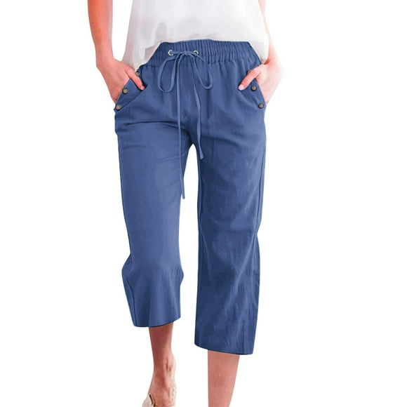 LUOGENLI Female Casual Pants Women's Solid Color Linen Blend 7/8 Pants Loose Fit Casual Trousers with Pockets Womens Casual Pants Blue Women Business Casual Pants Stretch Waist Navy L