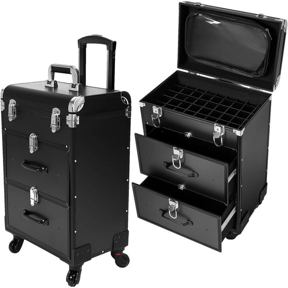 Rolling Makeup Train Case 3 in 1 Portable Large Storage Cosmetic Travel Trolley 2 Drawer Nail Case Cart Trunk with Keys Swivel Wheels for Make-up Artist, Hairstylists, Nail Tech Make up