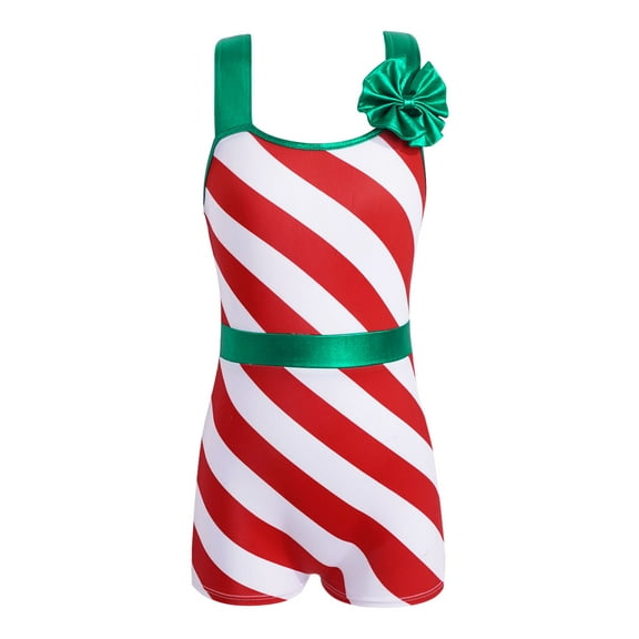 iEFiEL Kids Girls Christmas Santa Candy Costume Xmas Party Stripes Dance Leotard Red 4