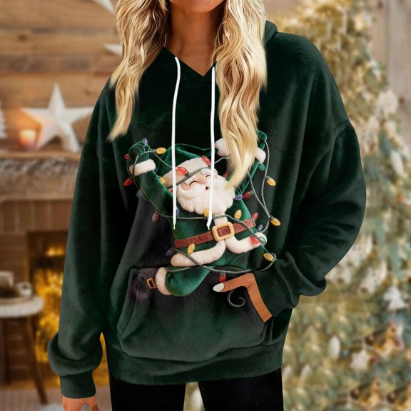 SYMOID Womens Oversized Ugly Christmas Hoodie - Santa & String Lights Print, Multicolor 100% Polyester with Kangaroo Pocket, Plus Size S-XXL Festive Sweatshirt,Size 2XL
