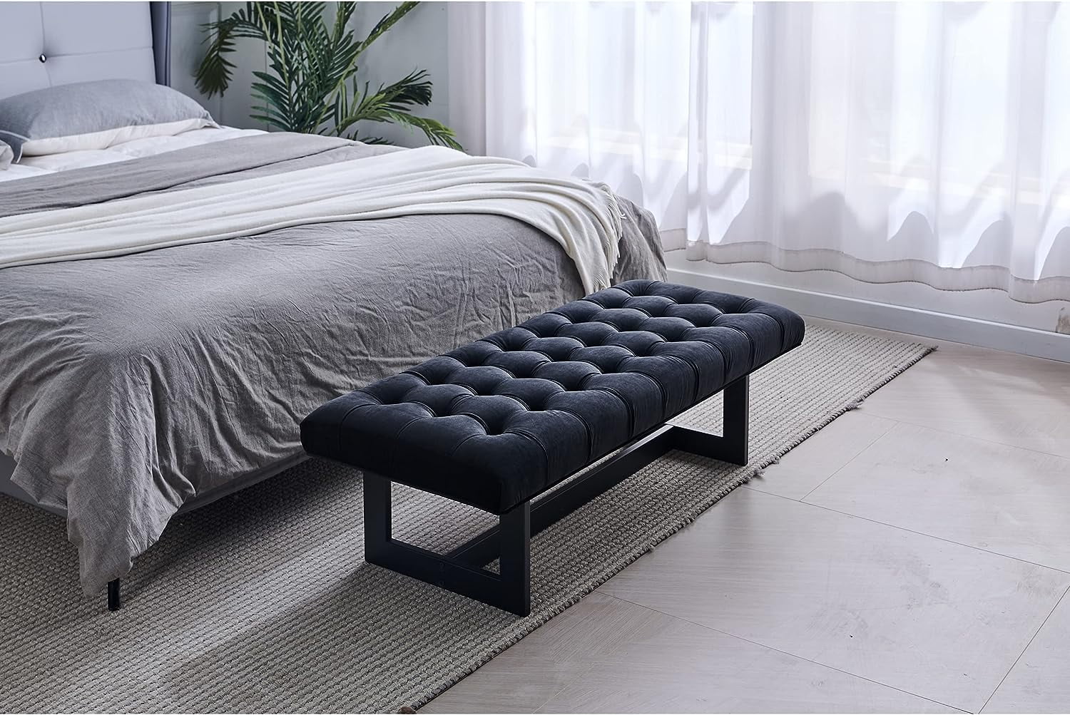 Nathaniel Home 48'' Button-Tufted Kids Ottoman, Upholstered Bedroom Benches, Vegan Leather Footrest Stool Accent Bench, for Living Room End of Bed Black