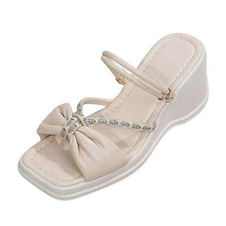 

Mackneog Spring And Summer Women Sandals Thick Bottom Rhinestone Bow Wedge Heel Open Toe Gift on Clearance