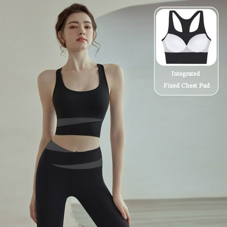 Contrast Color Sport Bra with Integrated Fixed Cup Shockproof Fitness Yoga Bra Running Gym Top Color Matching Sports Underwear (Black S)