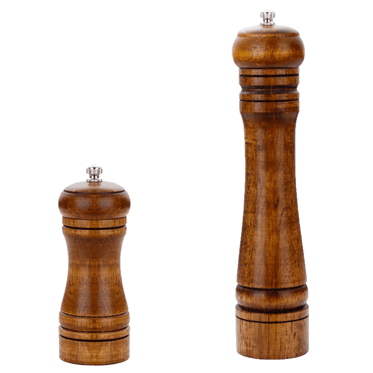Wooden Salt and Pepper Grinder Set - 8 Inches Acacia Wood Pepper Mill and  Salt Grinder with Adjustable Coarseness - Adding Spoon and Cleaner Tool 