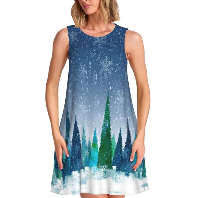 Balery Christmas Trees Vestidos de verano para mujer con estampado: vestido holgado sin mangas, vestido playero informal y cómodo para días calurosos.