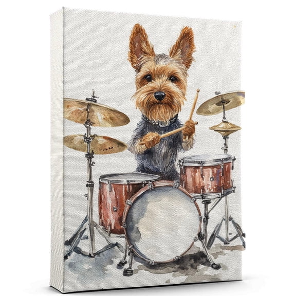 Welsh Terrier Dog Stretched Canvas Size 8x12 – Drum Kit Theme Dog Art for Wall, Welsh Terrier Dog Playing Drum Kit Wall Art, Dog Lover Canvas Decor