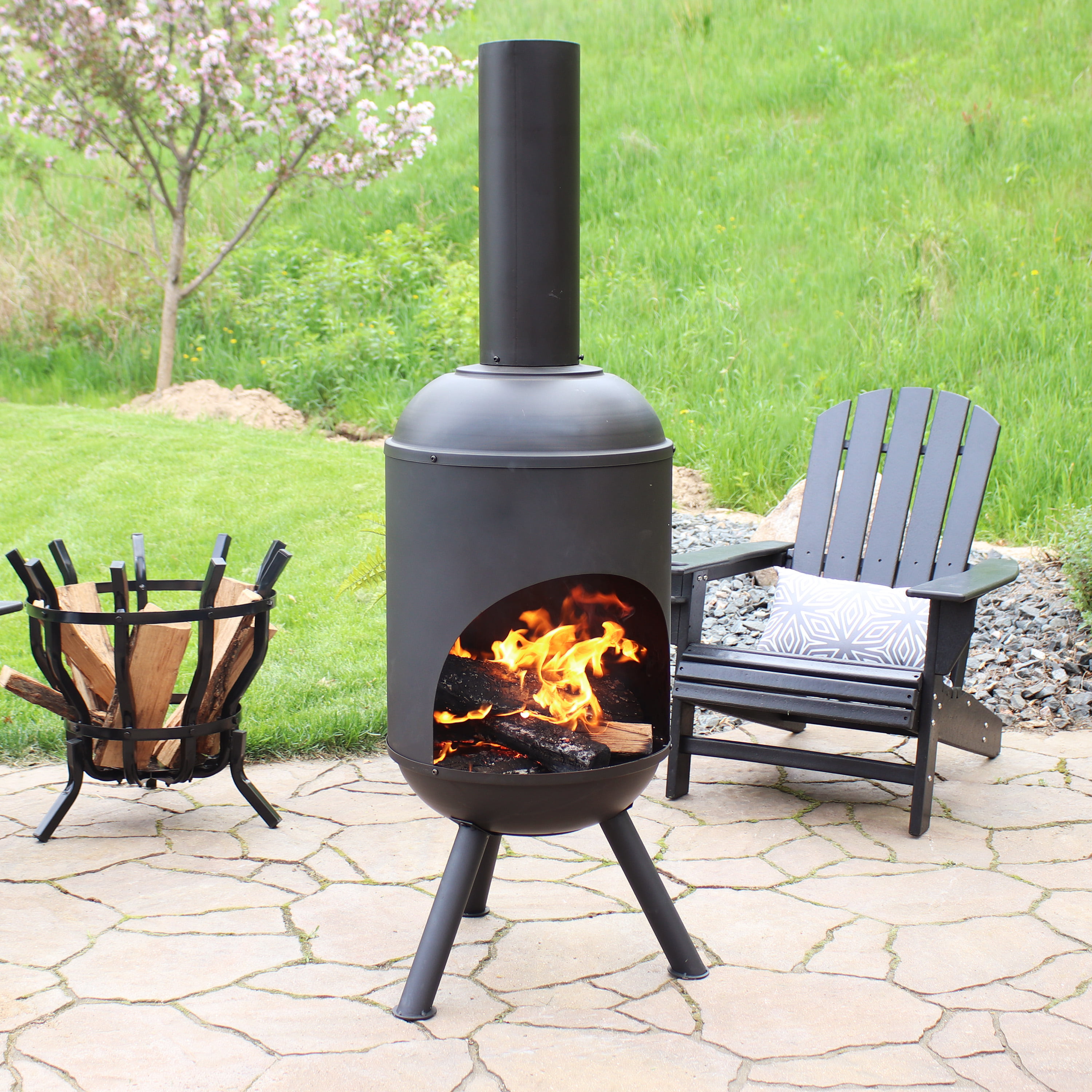Sunnydaze Outdoor Wood Burning Fire Pit Chiminea 57 Inch Black Steel Firepit with Log Grate and Poker Metal Patio Fireplace with 360-Degree View 