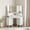 White, variant on Keywhat 48" Corner Vanity Desk with LED Tri-Fold Mirror, 5 Drawers, Fluted Design, Charging Station, Glass Display Top for Bedroom, White